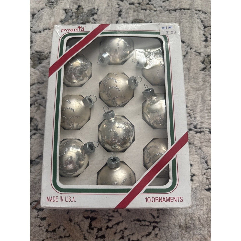 Vintage Pyramid Glass Christmas Ornaments Set of 10 Champagne Silver Glitter USA